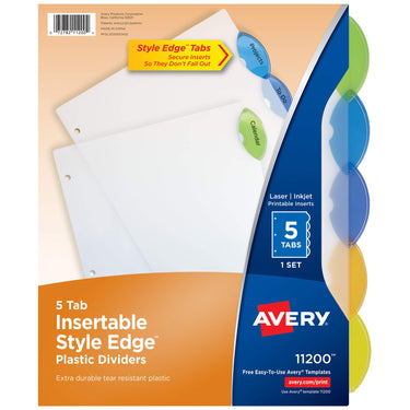 Avery Insertable Style Edge Plastic Dividers for 3 Ring Binders, 5-Tab Set, Multicolor, 1 Set (11200)